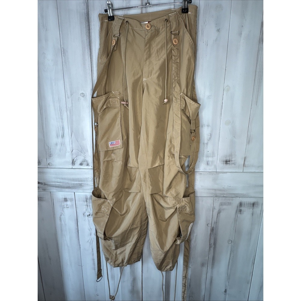 Vintage UFO 90s‎ Y2K Parachute Cargo Pants w Straps Tech Rave Tan Khaki XS